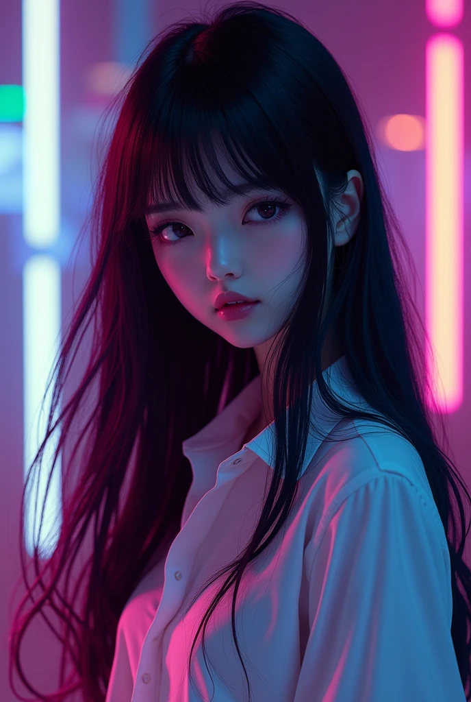 A beautiful anime girl with long black hair, wearing a black hairstyle and a white shirt, in a retrowave background, (best quality,4k,8k,highres,masterpiece:1.2),ultra-detailed,(realistic,photorealistic,photo-realistic:1.37),1girl,beautiful detailed eyes,beautiful detailed lips,extremely detailed eyes and face,longeyelashes,anime style,retrowave,white shirt,black hair,black hairstyle,dynamic pose,vibrant colors,chiaroscuro lighting,neon lights,futuristic background