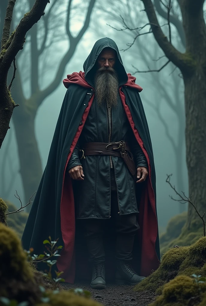 Grimdark surreal forest, ultra detailed 3D effect ultra-detailed intricate insanely full HD resolution 4K, bearded mountain man Homeless hooded cloak sinister , , horror, black and red leather cape adventure, epic fantasy, western, wild west, Middle age 