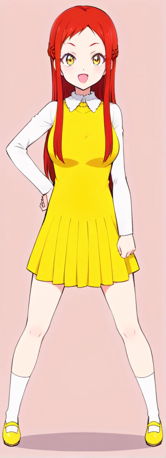 cartoon girl in yellow dress with white collar and yellow shoes, erza scarlet as a real person, aya takano color style, anime girl named lucy, inspired by Tsubasa Nakai, !!full body portrait!!, inspired by Tsuruko Yamazaki, rena nounen style 3/4, as an anime character, rei hino as a princess