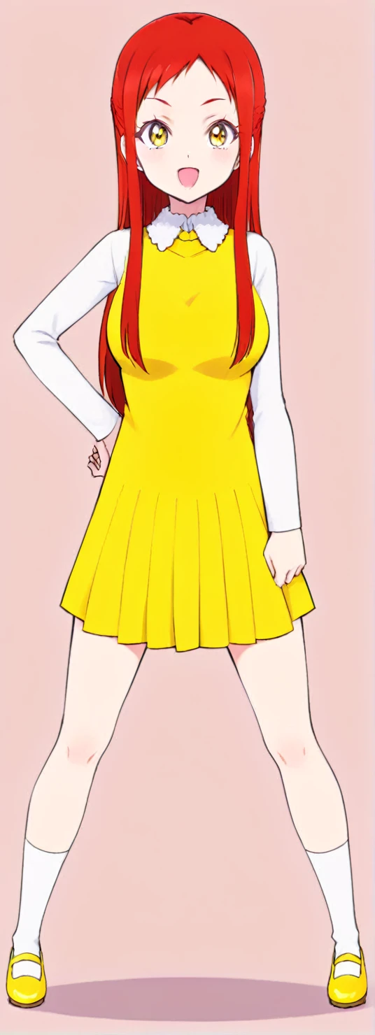 cartoon girl in yellow dress with white collar and yellow shoes, erza scarlet as a real person, aya takano color style, anime girl named lucy, inspired by Tsubasa Nakai, !!full body portrait!!, inspired by Tsuruko Yamazaki, rena nounen style 3/4, as an anime character, rei hino as a princess