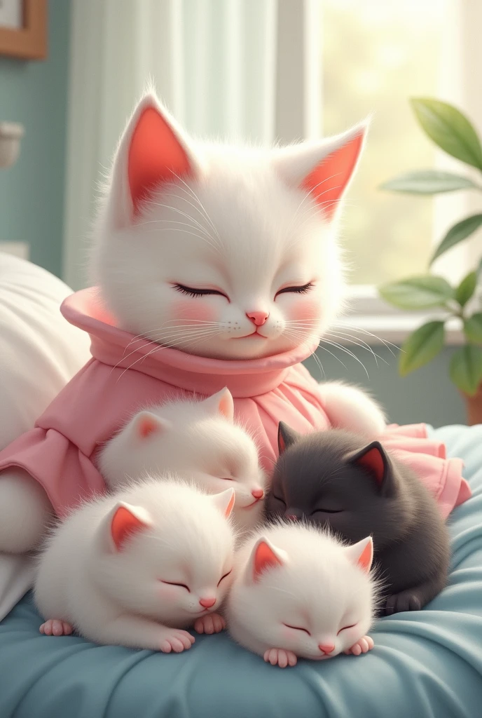 A white cat dressed in pink frock happily watches three white and one black kittens on lying on hospital bed