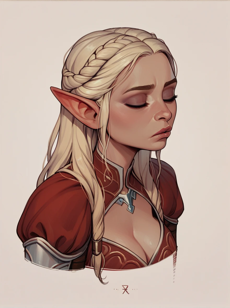 score_9, score_8_up,score_7_up, score_6_up, score_5_up, score_4_up, woman, best quality, highres, portrait, solo, beautiful, makeup, soft lips, daenerys (bored), large cleavage,  beautiful red dress, (((simple background))), eyes closed, elf ears