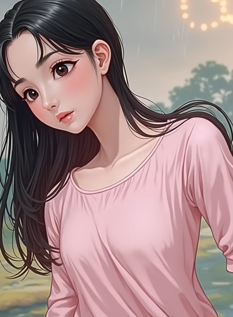 girl 2 in a peaceful natural landscape, flowing river, rain, sunlight, lush greenery, detailed realistic landscape, highly detailed, cinematic lighting, dramatic lighting, vibrant colors, photorealistic, masterpiece, 8k, best quality