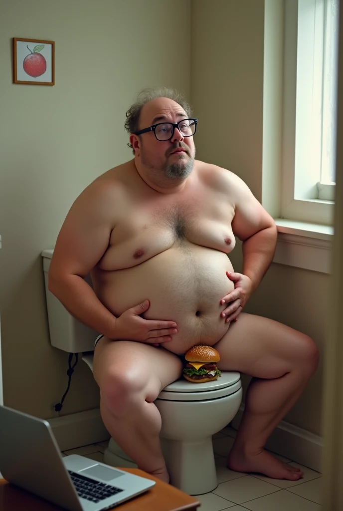 A slightly overweight man wearing glasses and underwear sitting on in a toilet scratching his lower stomach while biting hamburger Infront of a laptop viewed from the side 