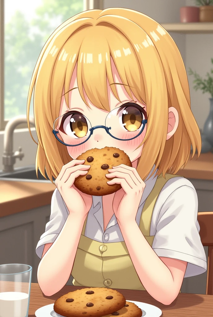 Drawing of a blonde girl with glasses eating a cookie