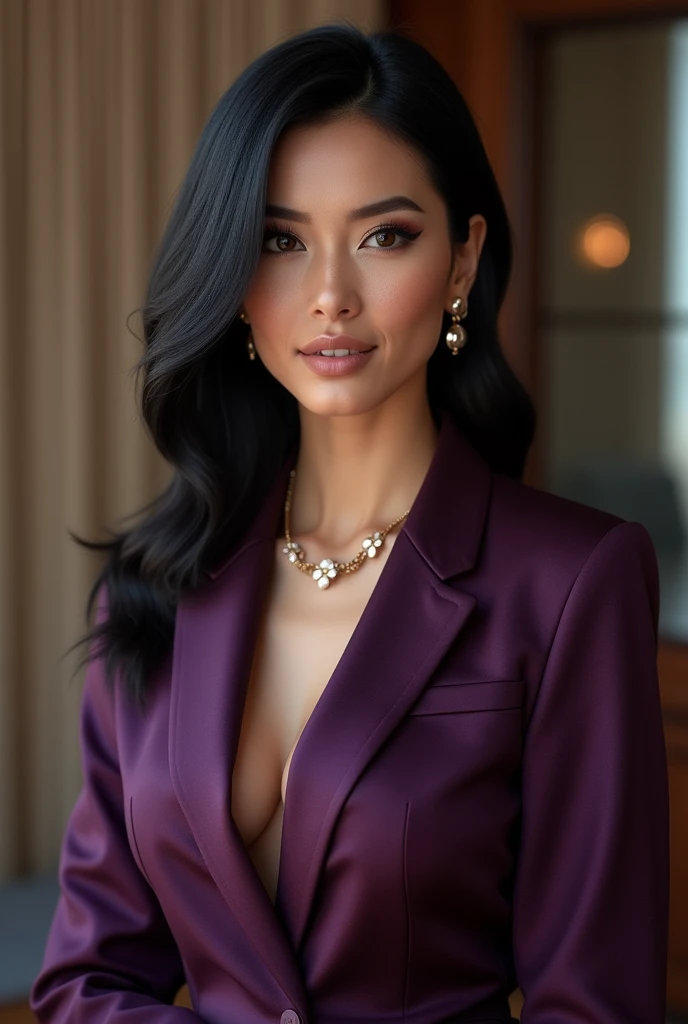Black haired woman dressed in purple suit