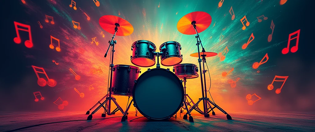 create the image of a very colorful drum kit with an explosion of musical notes.