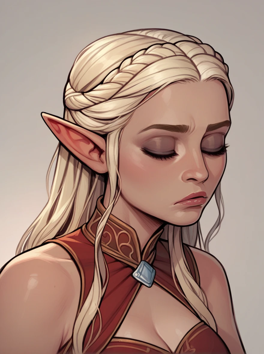 score_9, score_8_up,score_7_up, score_6_up, score_5_up, score_4_up, woman, best quality, highres, portrait, solo, beautiful, makeup, soft lips, daenerys (bored), large cleavage,  beautiful red dress, (((simple background))), eyes closed, elf ears, head up