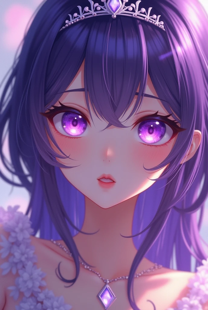 Close-up of a woman with purple hair and a tiara, Fantasy art style, With glowing white purple eyes, Stunning Anime Face Portraits, 8K high quality, detailed art, Heavenly Beauty, Beautiful anime faces, beautiful ,Fantastic fantasy, Beautiful anime portraits, Beautiful fantasy anime, Detailed digital anime art, Overall dazzling