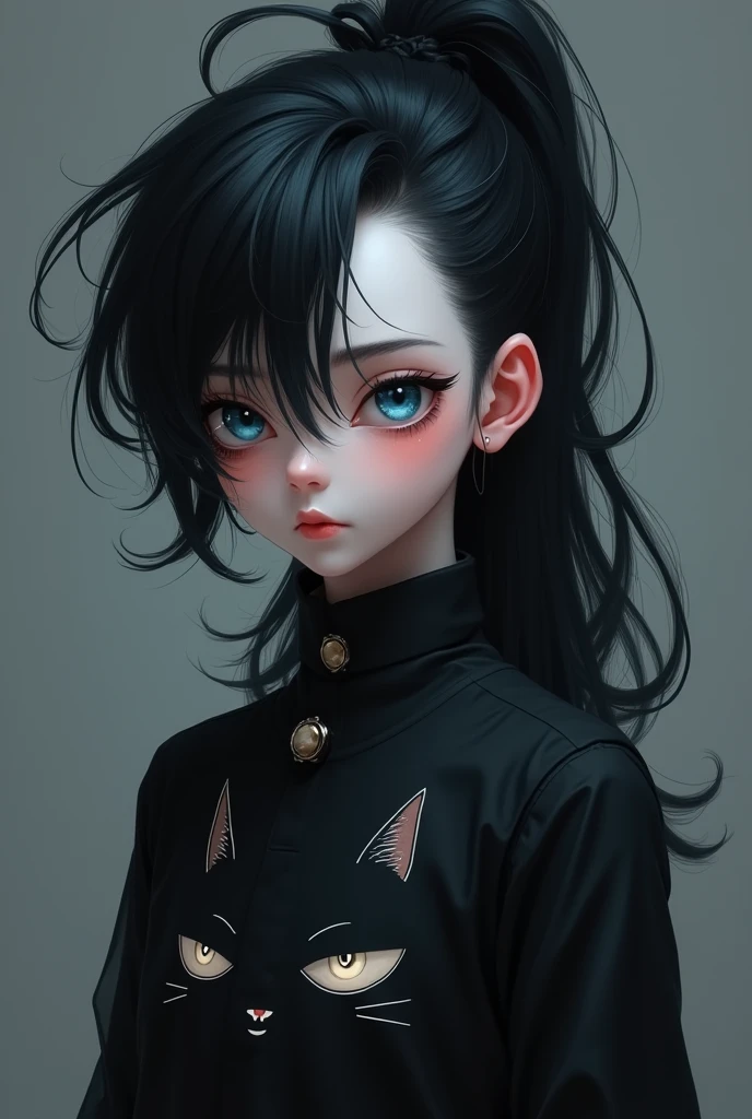 White skinned boy with black hair blue eyes with black painted lips wearing a black cat top and a short black skirt upset slightly blushing with his hair up in a ponytail 