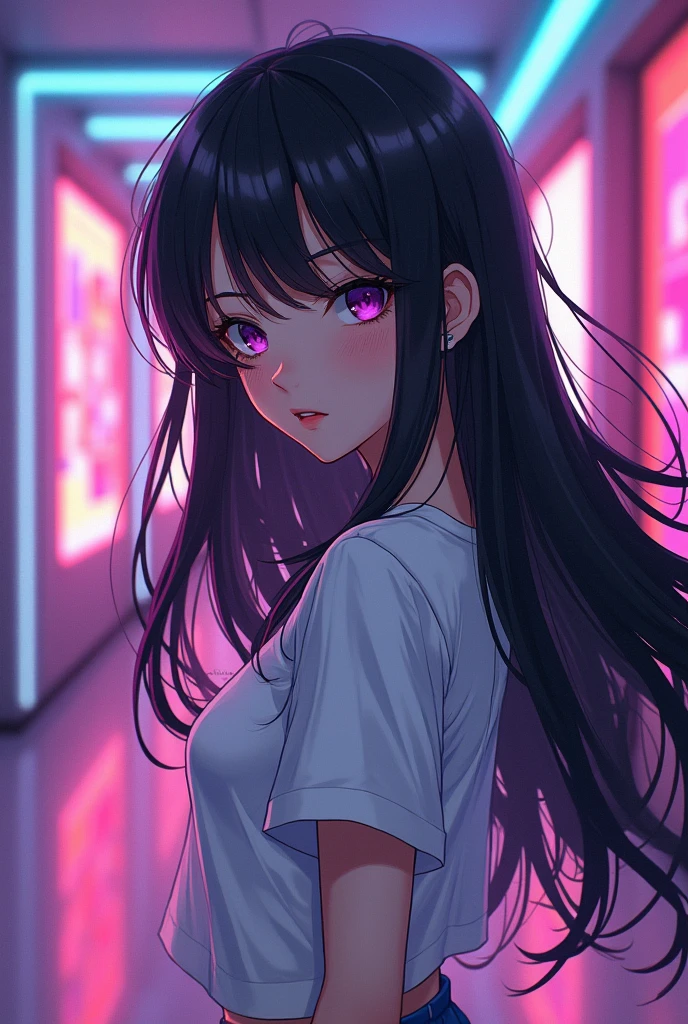 a female anime character with long black hair, wearing a black hairstyle and a white t-shirt on a retrowave background without being realistic