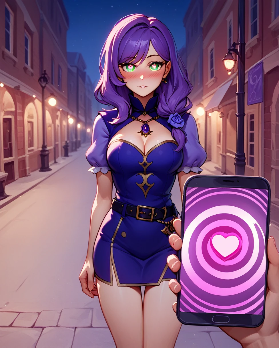 score_9, score_8_up, score_7_up, source_anime BREAK 1girl, pov, Lisa, hypnosis, standing, street at night, heart-shaped pupils, swept bangs, dress, belt, brainwashed, blush, looking at viewer, thigh gap, phone, heart, eye symbol, purple hair, rating_questionable