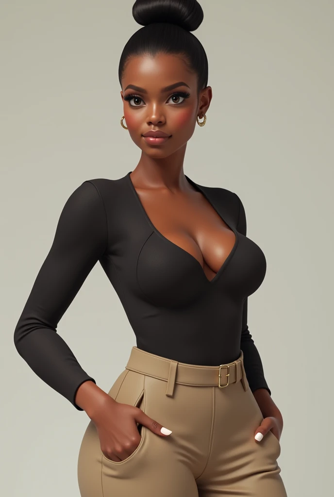 black high school girl with hair in a clean bun wearing sexy business top showing cleavage and khaki pants suit showing butt off