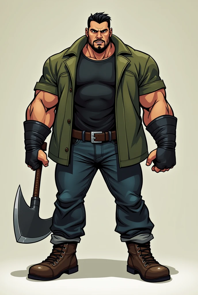 Create a Human Comics-style image of a fat, broad, muscular young man with a determined look and an imposing presence, with his pointed eyebrows and a smooth, beardless face. He wears a short moss green coat and a black shirt underneath, dark jeans with round steel-toed boots, a black leather glove and carries in his hands a giant steel axe.