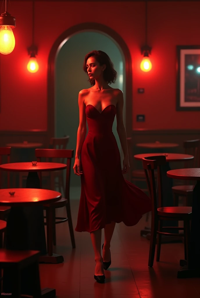A beautiful woman walking in a bar among red tables with a door in the background