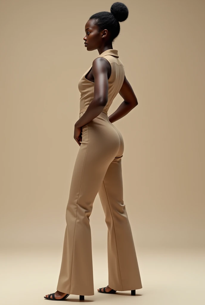black high school girl with hair in a clean bun wearing khaki pants suit showing butt off