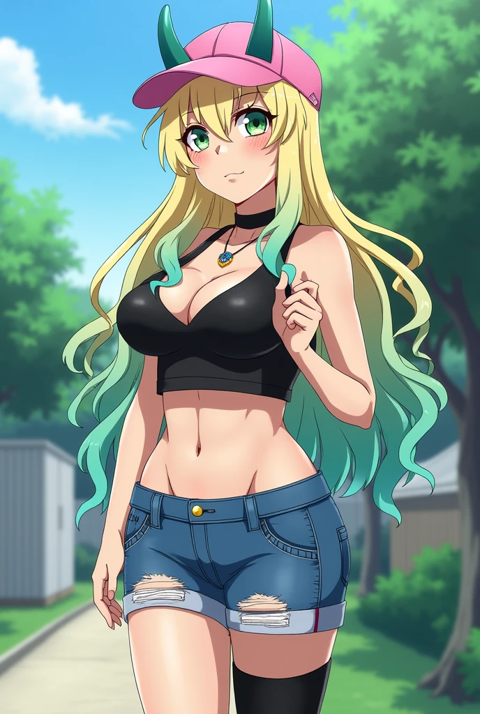 In her human form, Quetzalcoatl is a tall, fair-skinned woman with an hourglass figure and large breasts. She has long, wavy blonde hair, in the anime her hair takes on a turquoise and green color at the ends. She has heterochromia, where one iris has a different coloration from the other. Her left eye is navy blue on the outside and yellow on the inside, with a green, slit pupil. Her right eye is green on the outside with designs and black on the inside with a yellow, slit pupil. Although she tends to keep her eyes closed most of the time. Like Tohru, Quetzalcoatl keeps her horns but does not retain her tail, or decides to keep it hidden. When she first arrives at Kobayashi's home, she dons a pink cap, a choker, and necklace (only in the manga), a black tank top that exposes her cleavage and stomach (covers her stomach in the anime), jean booty-shorts that reveal a generous portion of her buttocks (in anime), thigh-high black stockings, and pink shoes. She does not wear a bra, which allows her voluminous breasts to jiggle and bounce without much restraint with every movement she makes, creating a distracting environment to those around her, especially males. However, this seemed to be advantageous as it helped a young boy named Shouta Magatsuchi win a relay race as many of the other male runners were distracted by her breasts bouncing. Kobayashi even comments that her outfit "does not leave much to the imagination." do it anime style