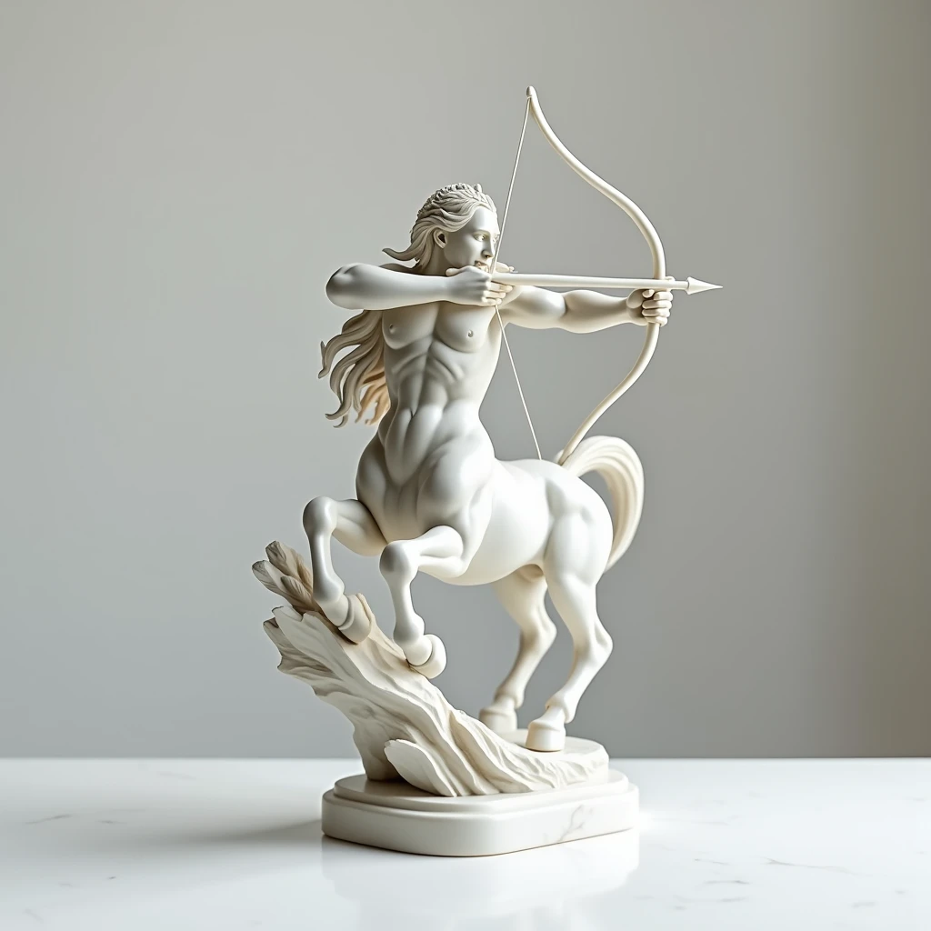A marble statue placed on a white tabletop with a lifelike carving of a centaur archer holding a bow and arrow, drawing a bow and shooting an arrow