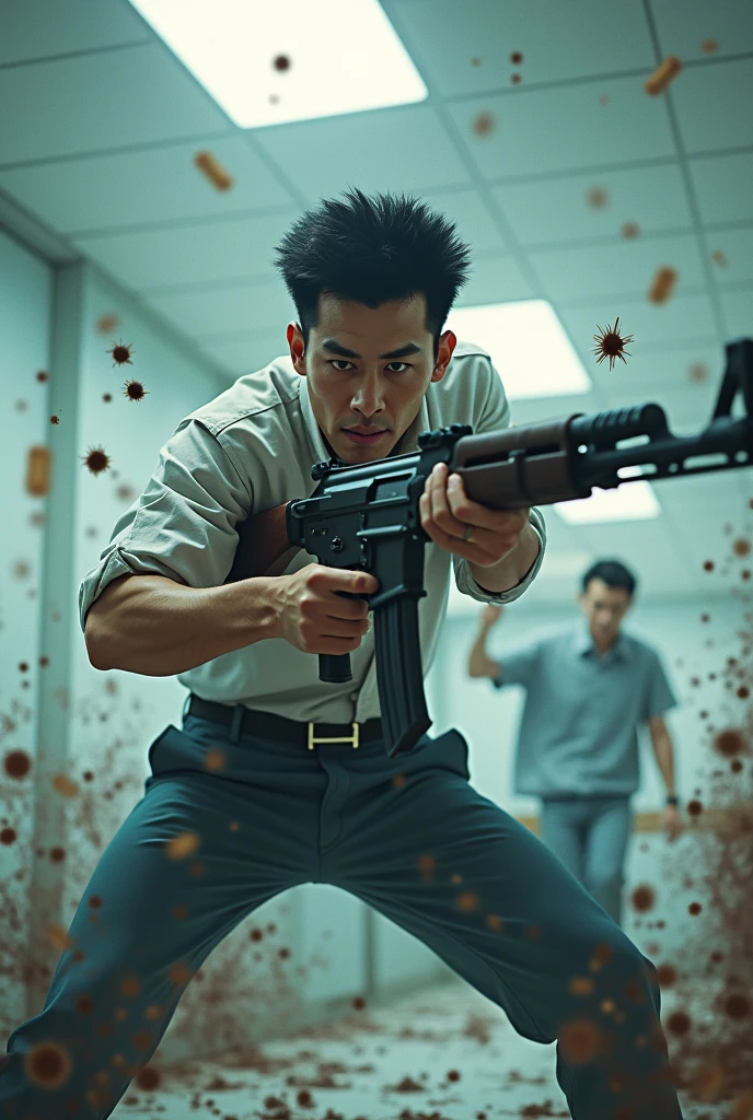 male 30 years old Japanese Perm Hair AK47 shot in hospital hero Fighting to protect patients Wounded