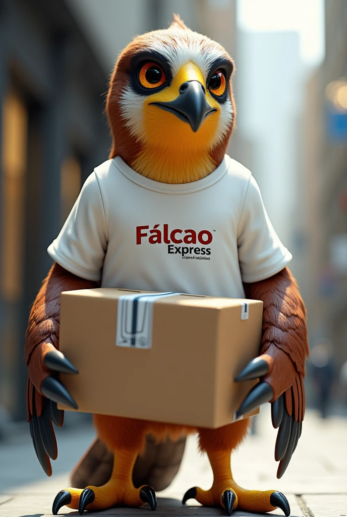 A humanoid falcon holding a delivery box with a white shirt saying Falcao express