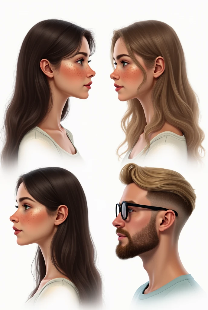 (photorealism:1.5)profile of a beautiful young woman with long dark brown hair, green eyes, and a lot of freckles. another profile of a young woman with long light brown hair, brown eyes and some freckles. another profile of a young pretty woman with straight long light blond hair, blue eyes and glasses. The last profile is of a young masculine chubby man with short kind of buzzcut blond hair, blue eyes, glasses and a beard. faces are looking into the camera, pretty small and loosely arranged on a white background