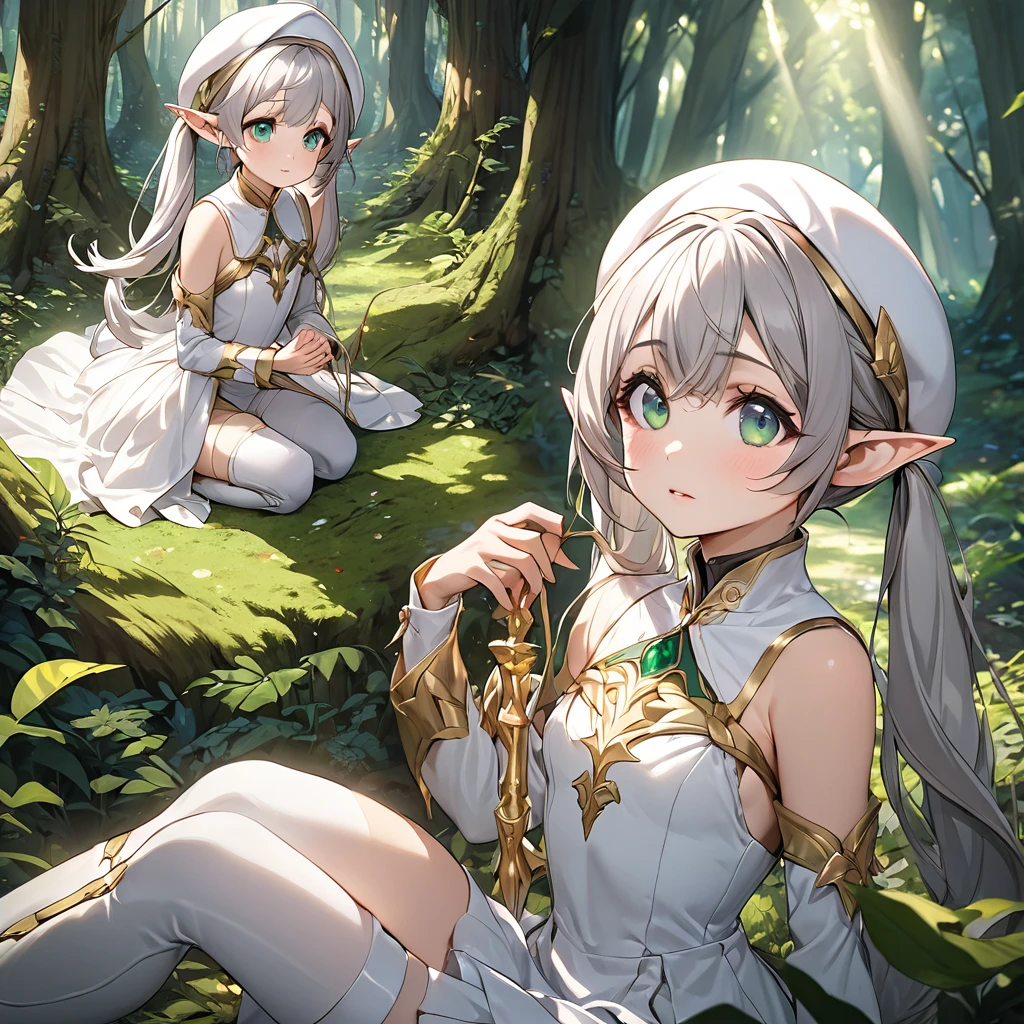 Female Elf, 1 girl, solo, Gray Hair, Twin tails、Short bangs, Emerald green eyes, White Dress, White Beret, White thigh-high boots, Gold Accessories、Golden round glasses、A fantastical forest with no one around、Small breasts、Baby Facebreak Masterpiece、Beautiful attention to detail:1.2, Perfect lighting, (Perfect hands, Perfect Anatomy), Accurate depiction、Vivid colors draw your attention, Multiview, Character portrait, 