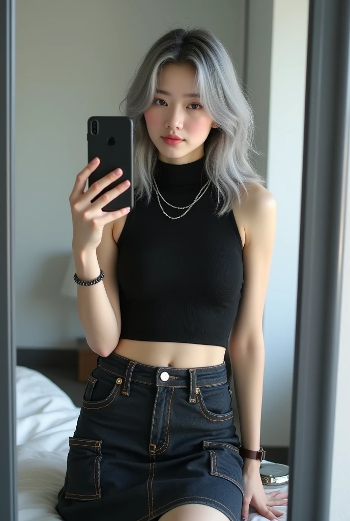 highly detailed, beautiful, hyper Realistic girl, masterpiece, best quality, Depict a mysterious and sophisticated beautiful Japanese gravure model,, 18-years-old, identity hidden, all body shot, / gray arranged hair, small head, Detailed face, cute and Pretty slim face, wide Duck mouth, perfect beautiful Tooth, arranged gray hair, shiny eyes, blue-colored eyes, Realistic skin, Detailed face, // sitting, model posing, / The outfit features a black sleeveless turtleneck fusion of cropped tank top made from a lightweight, stretchy material. The top has thin shoulder straps and fits tightly, highlighting the wearer’s silhouette. The bottom piece is a midi-length denim skirt made from thick denim fabric. The skirt includes prominent stitching and large side pockets, adding a functional, cargo-style element to the design. Accessories include a simple silver chain necklace, a matching bracelet, and a small silver chain bag. The entire ensemble is styled in a monochromatic black and silver color palette, creating a sleek and urban look,  //// simple white single room, gray frame mirror, complicated background /// takes a selfie in her room using a smartphone in front of a mirror with one hand, standing and sexy Posing, all body below shot, focus shoes, looking away from the camera,