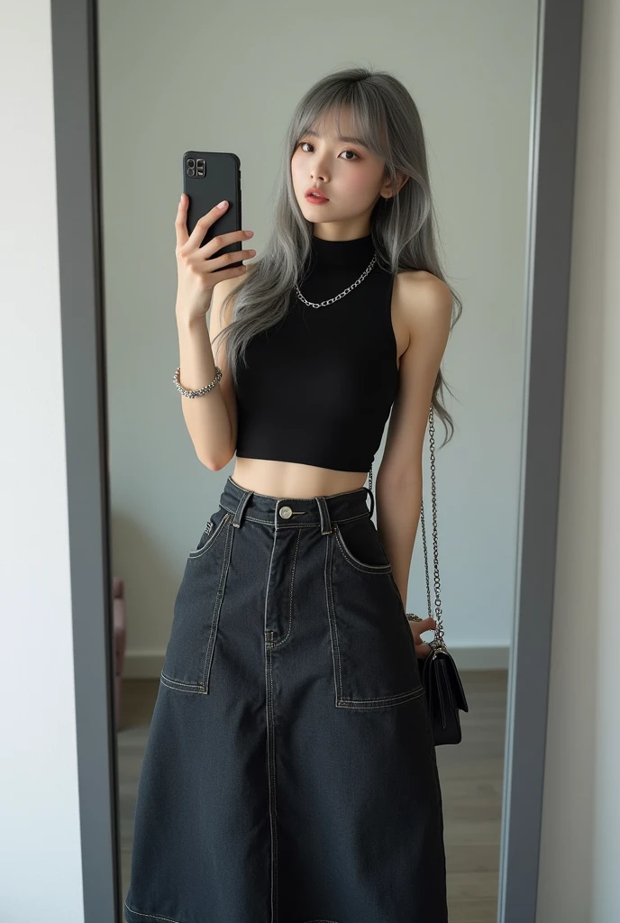 highly detailed, beautiful, hyper Realistic girl, masterpiece, best quality, Depict a mysterious and sophisticated beautiful Japanese gravure model,, 18-years-old, identity hidden, all body shot, / gray arranged hair, small head, Detailed face, cute and Pretty slim face, wide Duck mouth, perfect beautiful Tooth, arranged gray hair, shiny eyes, blue-colored eyes, Realistic skin, Detailed face, // sitting, model posing, / The outfit features a black sleeveless turtleneck fusion of cropped tank top made from a lightweight, stretchy material. The top has thin shoulder straps and fits tightly, highlighting the wearer’s silhouette. The bottom piece is a midi-length denim skirt made from thick denim fabric. The skirt includes prominent stitching and large side pockets, adding a functional, cargo-style element to the design. Accessories include a simple silver chain necklace, a matching bracelet, and a small silver chain bag. The entire ensemble is styled in a monochromatic black and silver color palette, creating a sleek and urban look,  //// simple white single room, gray frame mirror, complicated background /// takes a selfie in her room using a smartphone in front of a mirror with one hand, standing and sexy Posing, all body below shot, focus shoes, looking away from the camera,