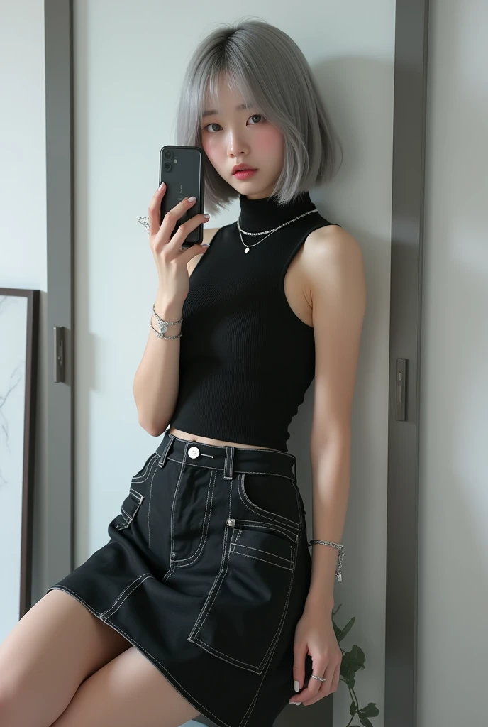 highly detailed, beautiful, hyper Realistic girl, masterpiece, best quality, Depict a mysterious and sophisticated beautiful Japanese gravure model,, 18-years-old, identity hidden, all body shot, / gray arranged hair, small head, Detailed face, cute and Pretty slim face, wide Duck mouth, perfect beautiful Tooth, arranged gray hair, shiny eyes, blue-colored eyes, Realistic skin, Detailed face, // sitting, model posing, / The outfit features a black sleeveless turtleneck fusion of cropped tank top made from a lightweight, stretchy material. The top has thin shoulder straps and fits tightly, highlighting the wearer’s silhouette. The bottom piece is a midi-length denim skirt made from thick denim fabric. The skirt includes prominent stitching and large side pockets, adding a functional, cargo-style element to the design. Accessories include a simple silver chain necklace, a matching bracelet, and a small silver chain bag. The entire ensemble is styled in a monochromatic black and silver color palette, creating a sleek and urban look,  //// simple white single room, gray frame mirror, complicated background /// takes a selfie in her room using a smartphone in front of a mirror with one hand, standing and sexy Posing, all body below shot, focus shoes, looking away from the camera,