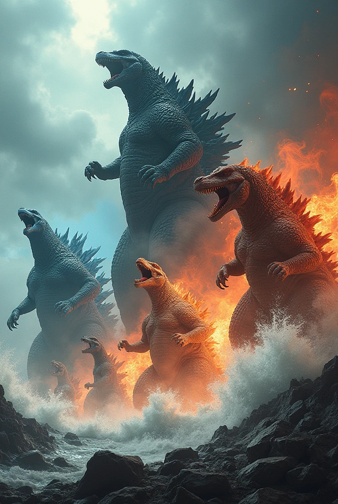 Phase 3 Godzilla 1 of each water element,fire and earth