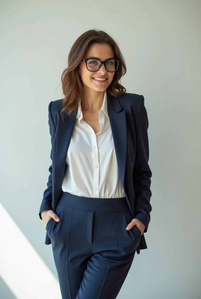 white girl wearing pant suit showing butt off smiling with nerdy glasses on