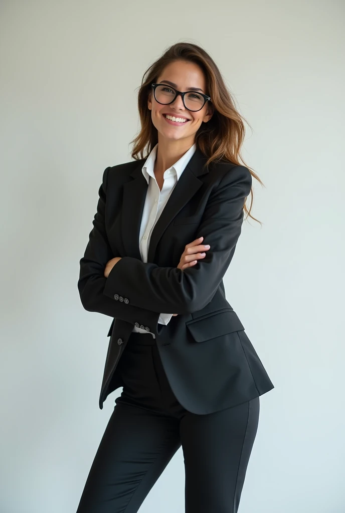 white girl wearing pant suit showing butt off smiling with nerdy glasses on