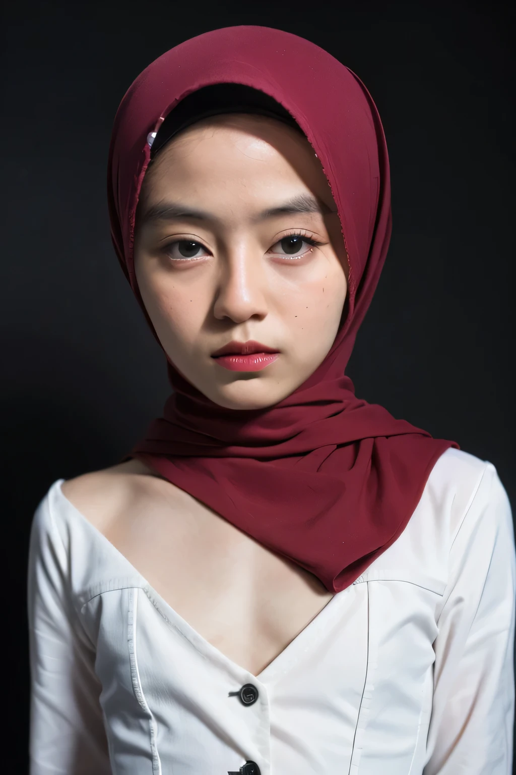 ((CORSET)), (Pencil Pattern)), (((((HALF BODY PORTRAIT))))), ((FLAT CHEST:1.8)), ((Lace)), ((SAD FACE EXPRESSION:1.15)), masutepiece, High quality, UHD 32K, Realistic face, Realistic skin feeling , A INDONESIAN Lady, 5 matured lady, , Very cute and baby-like face, (((FLAT CHEST))), (Night time at forest), ((look In front at the camera and SADNESS)), (((CUTE GIRL))), ((DARK RED FLUORESCENT LIPS)), ((Pencil Pattern)) little wearing strapless, strapless colorful, dark night background , black forest night, horror scary place, (from behind up) seductive pose. (((JILBAB STYLISH)))
