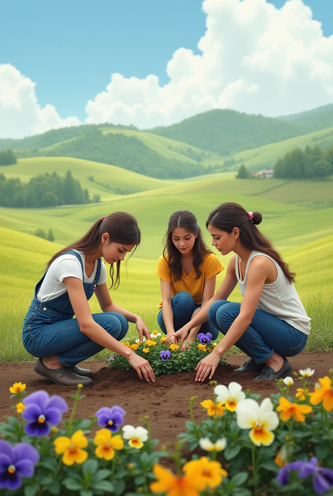 Three women planting pansies in the field