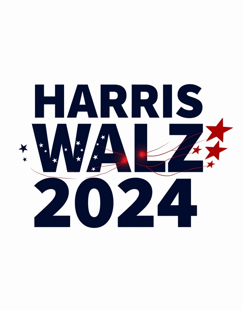 "Harris Walz 2024" Design: pop-up art and bold typographic design with the words "Harris Walz 2024" in a patriotic color scheme of red, white, and blue. The text is stylized with stars and stripes elements, giving it a modern and optimistic look suitable for promoting a forward-thinking political campaign. on white background
