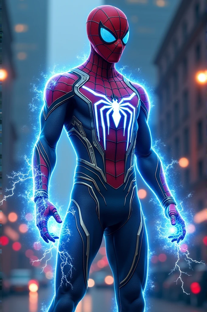 Power Suit: Equipped with a system that converts solar energy into electricity, This suit allows Spider-Man to release bursts of electrified energy from his hands and feet., increasing your offensive and defensive capabilities. The suit would have integrated solar panels and an energy storage system, plus a design that glows an electric blue when powered.