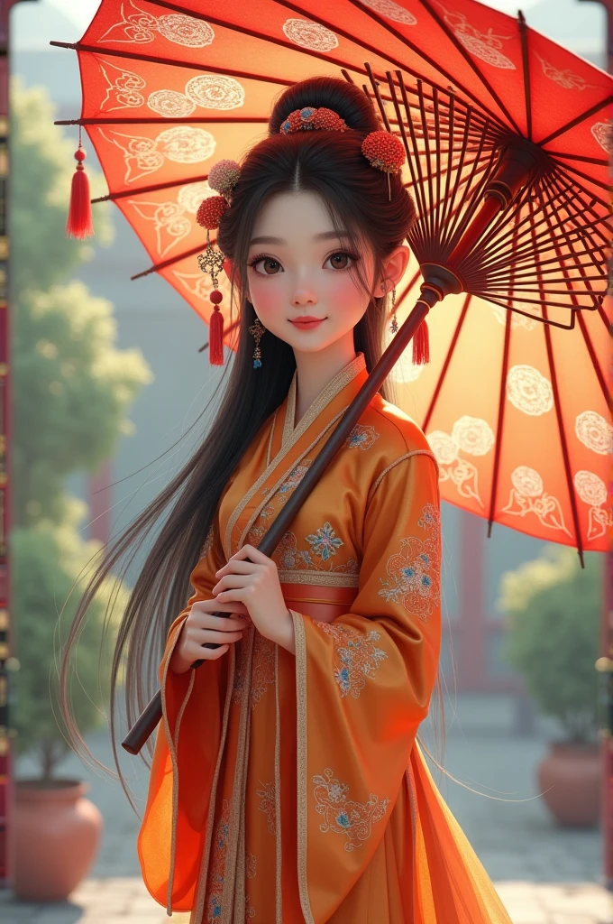 Chinese girl in traditional dress, holding an oriental umbrella and smiling