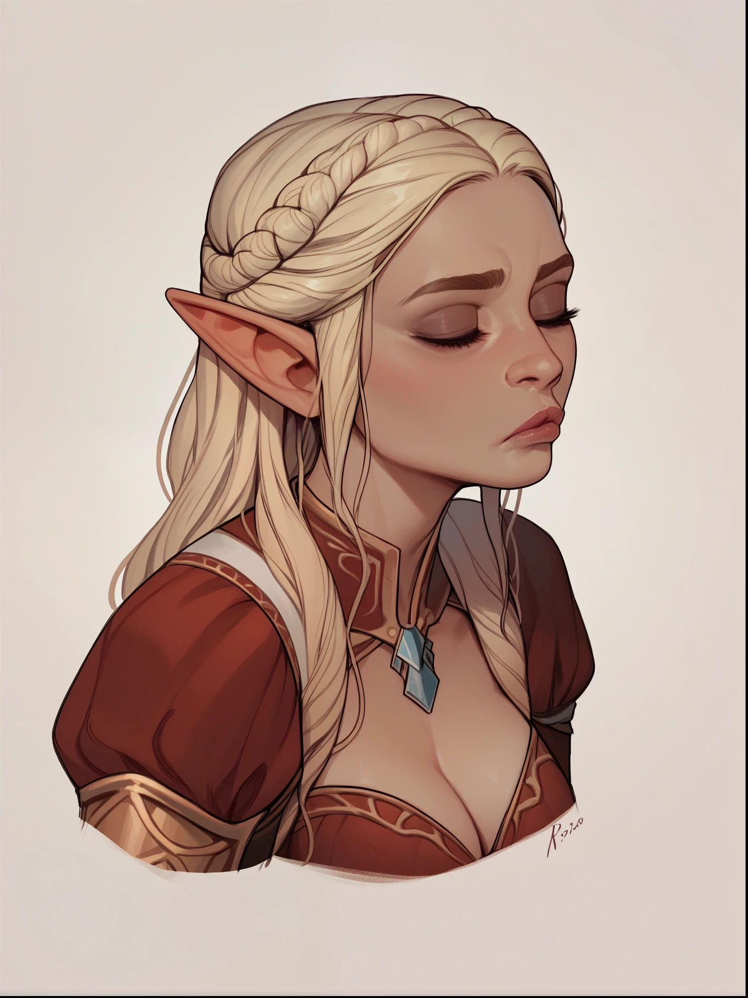 score_9, score_8_up,score_7_up, score_6_up, score_5_up, score_4_up, woman, best quality, highres, portrait, solo, beautiful, makeup, soft lips, daenerys (bored), large cleavage, beautiful red dress, (((simple background))), eyes closed, elf ears