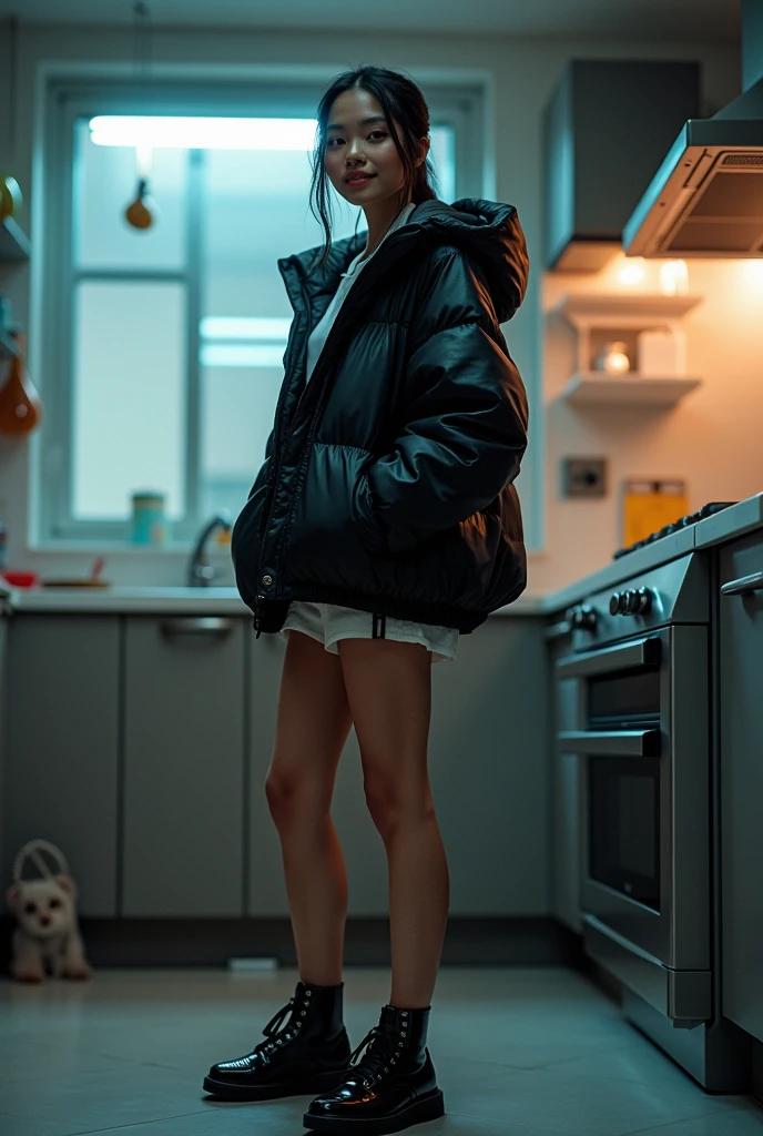 SWEATY 1 WHITE CAUCASIAN WOMAN SMILING, WEARING COLLEGE UNIFORM, BLACK PUFFER JACKET, BLACK SHINY TRAINERS, MODELLING, IN KITCHEN, photorealistic, full shot, intricate, very coherent, futuristic, summer, , (cyberpunk:1.2), cinematic film still, lights, noir, ultramodern, dystopian, (sleek), cybernetic, Gustav Klimt, (Lillian Bassman, Erwin Blumenfeld), Katsuhiro Otomo