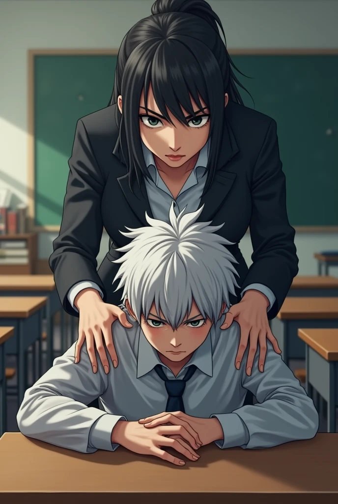 Black haired teacher yelling at white haired teenage male student sleeping in classroom