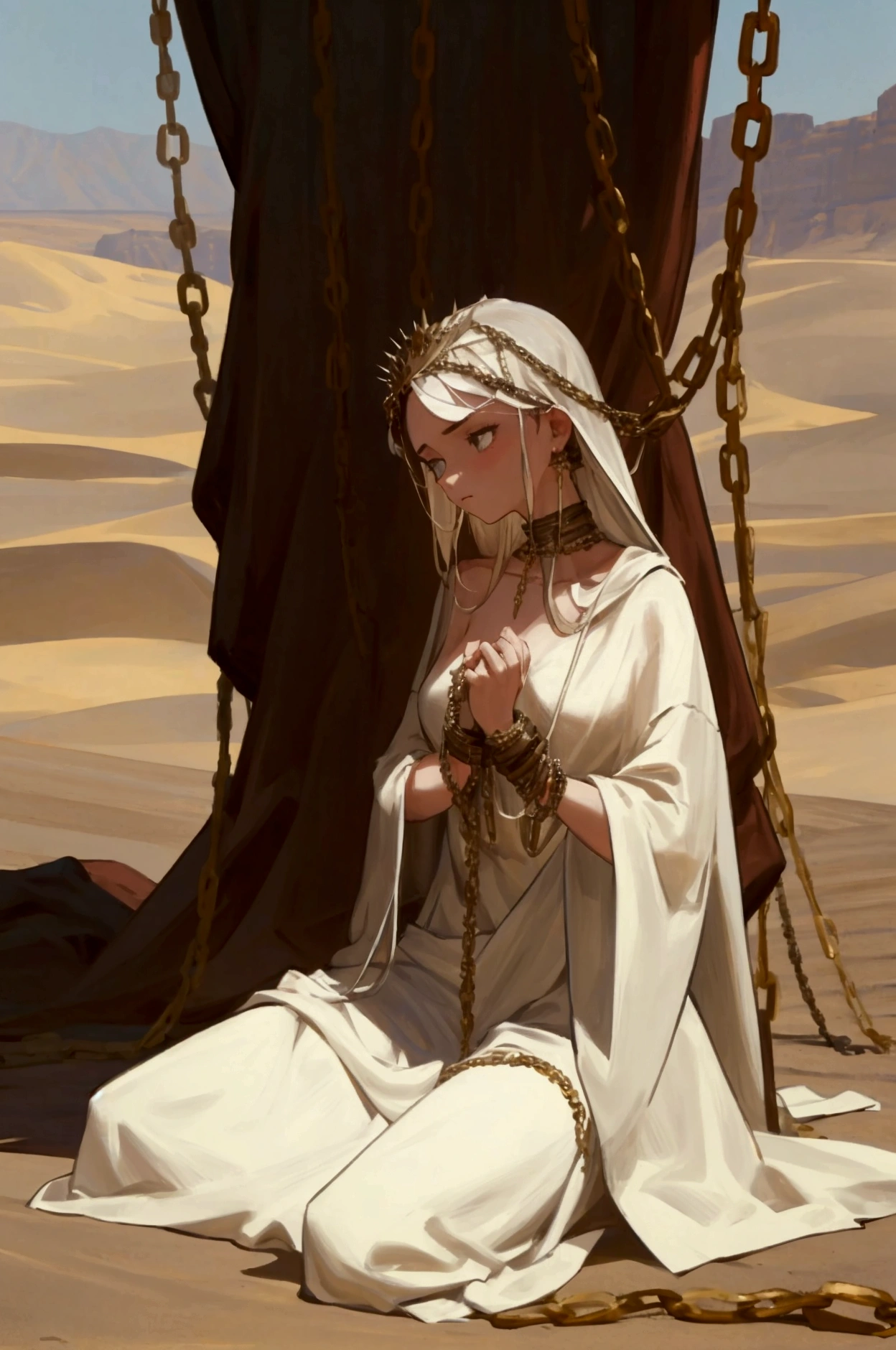 A half- girl dressed in a rag with an heir with chains in his hands, sits against the backdrop of a desert, looks like she is ill