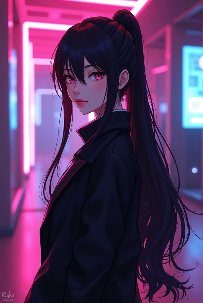a female anime character with long black hair, wearing a black hairstyle and a black jacket on a retrowave background