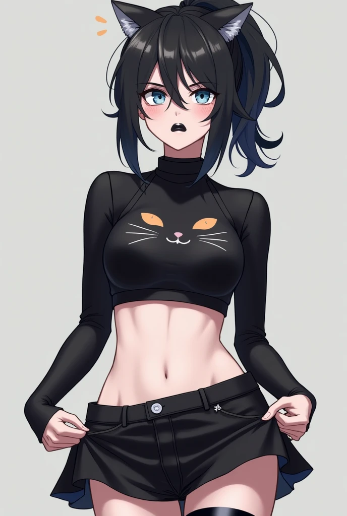 White skinned boy with black hair blue eyes with black painted lips wearing a black cat crop top and a black short skirt upset slightly blushing with his hair up in a ponytail lifting his skirt showing that he is a sexy man
