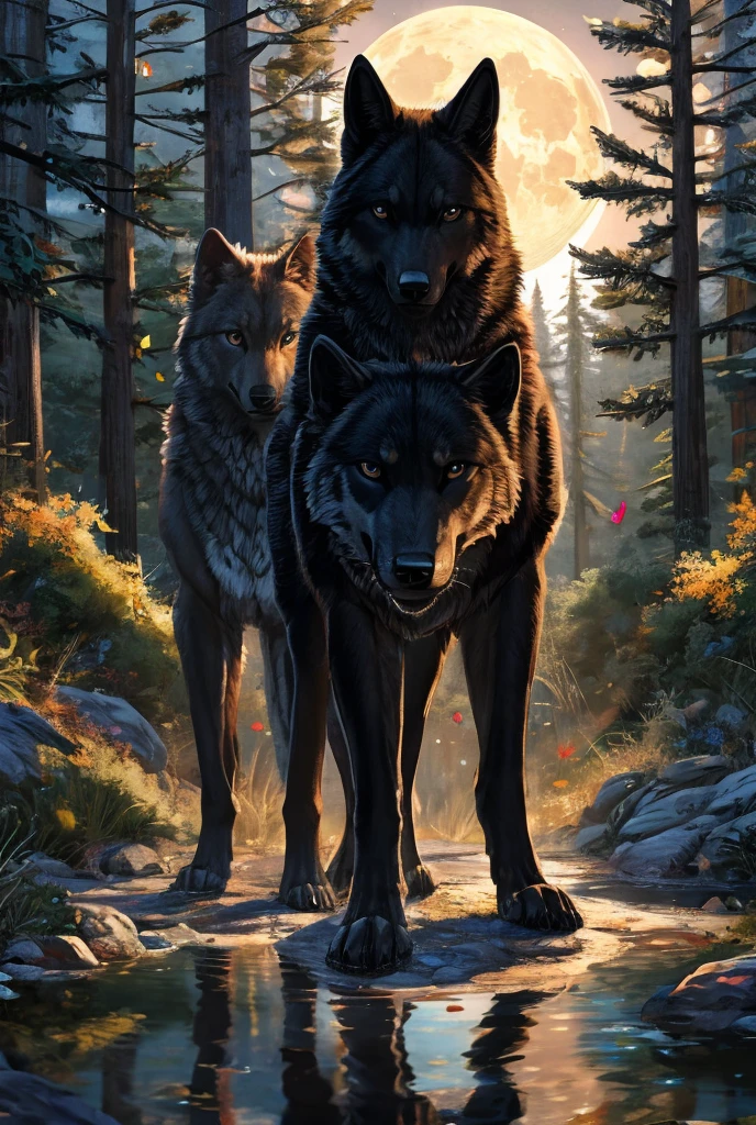 Very detailed, from behind, Reflection light, Illustration I want a black wolf on a rock in the middle of the forest watching a colorful butterfly in the distance A blue full moon The trees in the forest are dry