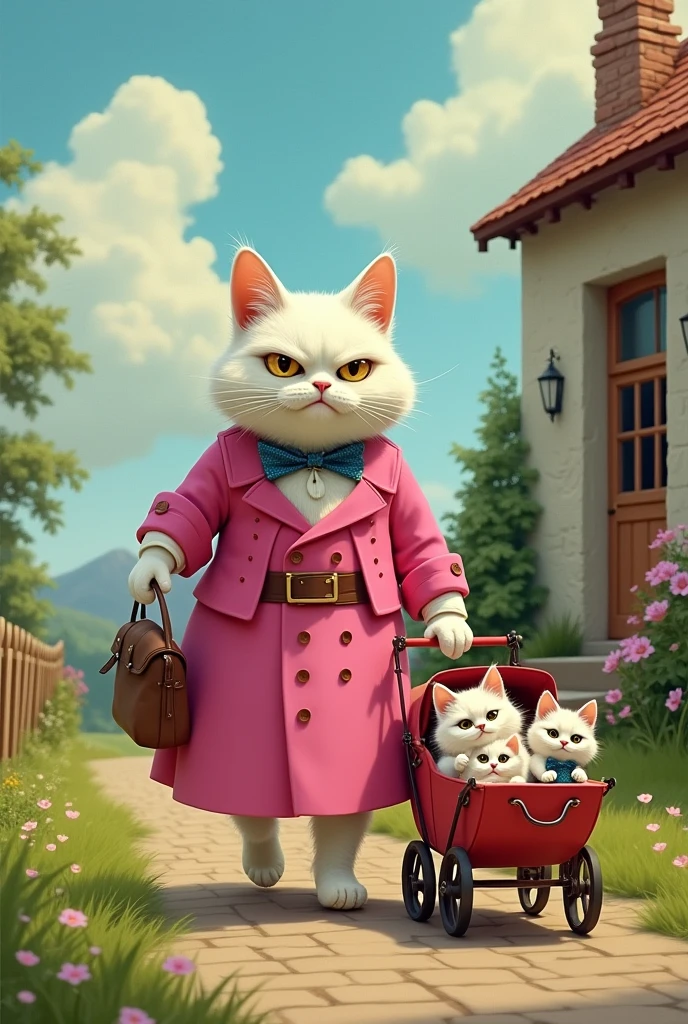 An angry tall white cat dressed in pink frock happily leaves house   with three white and one black kittens in baby cart and a bag 