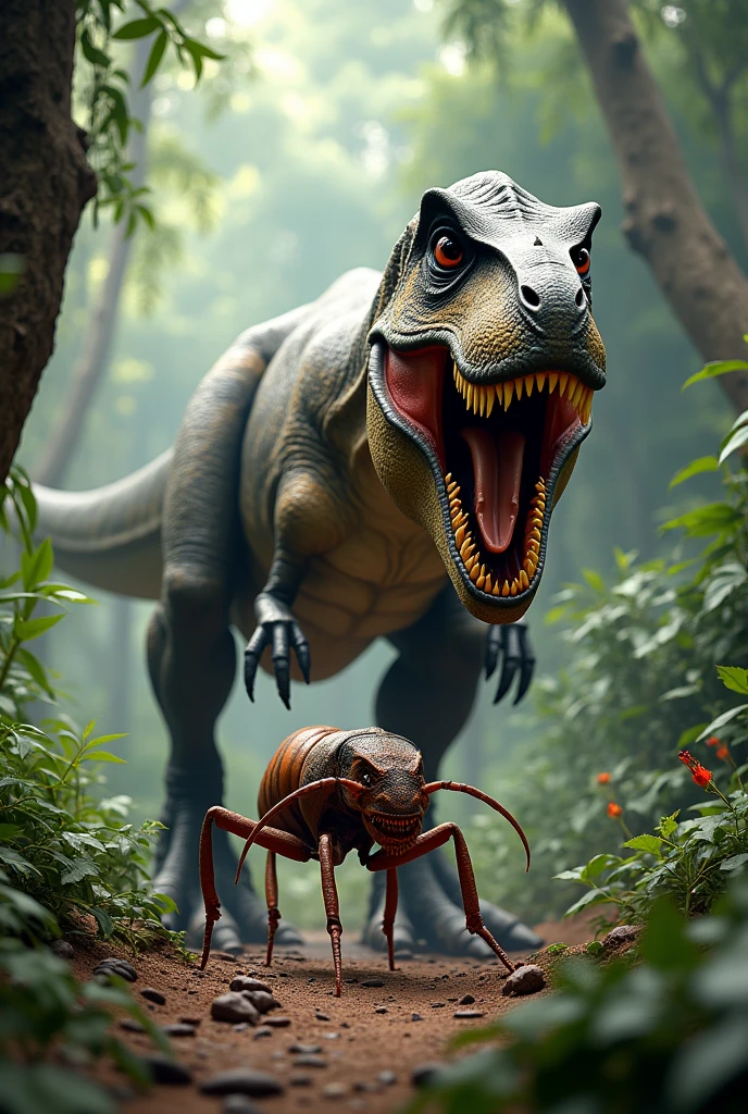 T-rex trying to hunt a giant ant