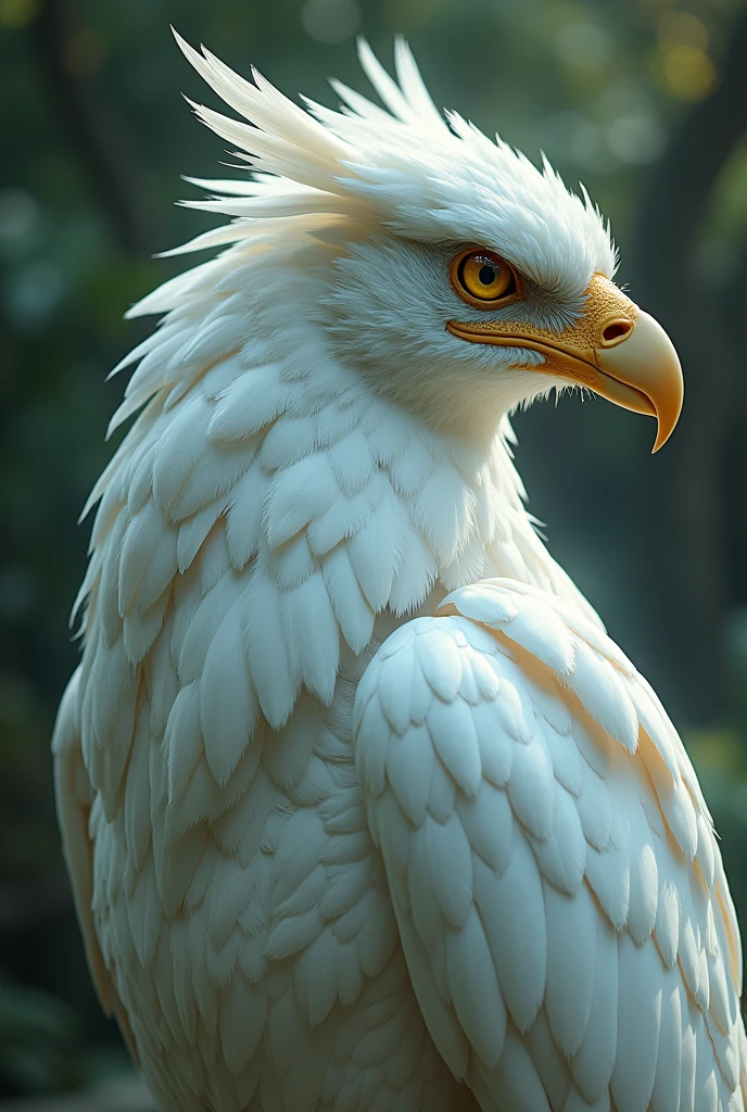 Mythical humanoid bird, size of an ordinary man, white feathers, Bright yellow eyes, quality 8k.