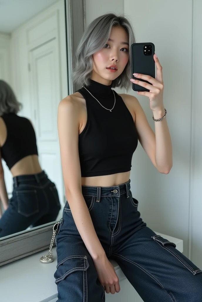 highly detailed, beautiful, hyper Realistic girl, masterpiece, best quality, Depict a mysterious and sophisticated beautiful Japanese gravure model,, 18-years-old, identity hidden, all body shot, / gray arranged hair, small head, Detailed face, cute and Pretty slim face, wide Duck mouth, perfect beautiful Tooth, arranged gray hair, shiny eyes, blue-colored eyes, Realistic skin, Detailed face, // sitting, model posing, / The outfit features a black sleeveless turtleneck fusion of cropped tank top made from a lightweight, stretchy material. The top has thin shoulder straps and fits tightly, highlighting the wearer’s silhouette. The bottom piece is a midi-length denim skirt made from thick denim fabric. The skirt includes prominent stitching and large side pockets, adding a functional, cargo-style element to the design. Accessories include a simple silver chain necklace, a matching bracelet, and a small silver chain bag. The entire ensemble is styled in a monochromatic black and silver color palette, creating a sleek and urban look,  //// simple white single room, gray frame mirror, complicated background /// takes a selfie in her room using a smartphone in front of a mirror with one hand, standing and sexy Posing, all body below shot, focus shoes, looking away from the camera,