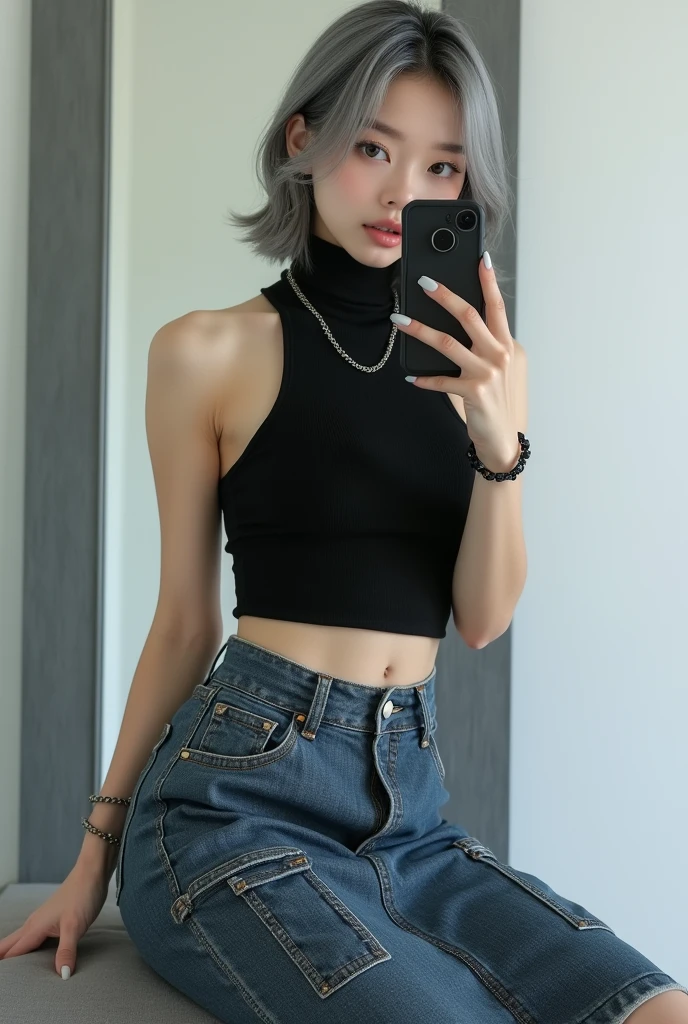highly detailed, beautiful, hyper Realistic girl, masterpiece, best quality, Depict a mysterious and sophisticated beautiful Japanese gravure model,, 18-years-old, identity hidden, all body shot, / gray arranged hair, small head, Detailed face, cute and Pretty slim face, wide Duck mouth, perfect beautiful Tooth, arranged gray hair, shiny eyes, blue-colored eyes, Realistic skin, Detailed face, // sitting, model posing, / The outfit features a black sleeveless turtleneck fusion of cropped tank top made from a lightweight, stretchy material. The top has thin shoulder straps and fits tightly, highlighting the wearer’s silhouette. The bottom piece is a midi-length denim skirt made from thick denim fabric. The skirt includes prominent stitching and large side pockets, adding a functional, cargo-style element to the design. Accessories include a simple silver chain necklace, a matching bracelet, and a small silver chain bag. The entire ensemble is styled in a monochromatic black and silver color palette, creating a sleek and urban look, //// simple white single room, gray frame mirror, complicated background /// takes a selfie in her room using a smartphone in front of a mirror with one hand, standing and sexy Posing, all body below shot, focus shoes, looking away from the camera,