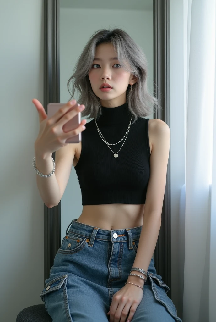 highly detailed, beautiful, hyper Realistic girl, masterpiece, best quality, Depict a mysterious and sophisticated beautiful Japanese gravure model,, 18-years-old, identity hidden, all body shot, / gray arranged hair, small head, Detailed face, cute and Pretty slim face, wide Duck mouth, perfect beautiful Tooth, arranged gray hair, shiny eyes, blue-colored eyes, Realistic skin, Detailed face, // sitting, model posing, / The outfit features a black sleeveless turtleneck fusion of cropped tank top made from a lightweight, stretchy material. The top has thin shoulder straps and fits tightly, highlighting the wearer’s silhouette. The bottom piece is a midi-length denim skirt made from thick denim fabric. The skirt includes prominent stitching and large side pockets, adding a functional, cargo-style element to the design. Accessories include a simple silver chain necklace, a matching bracelet, and a small silver chain bag. The entire ensemble is styled in a monochromatic black and silver color palette, creating a sleek and urban look, //// simple white single room, gray frame mirror, complicated background /// takes a selfie in her room using a smartphone in front of a mirror with one hand, standing and sexy Posing, all body below shot, focus shoes, looking away from the camera,